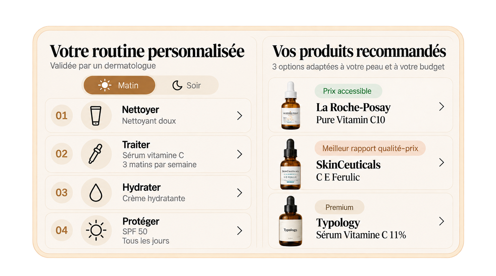 Exemple de routine personnalisée et de produits recommandés dans Soleen